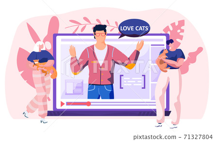 Social media post about love for cats. Kitten in the arms of woman. Man blogging talks about animals Social media post about love for cats. Kitten in the arms of woman. Man blogging talks about animals 71327804