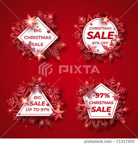 Christmas sale badges with shining red snowflakes, balls, stars and confetti. Merry Christmas illustration on red background. Sparkling red snowflakes with glitter texture Christmas sale badges with shining red snowflakes, balls, stars and confetti. Merry Christmas illustration on red background. Sparkling red snowflakes with glitter texture 71327805