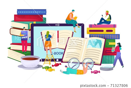 Book library at device, internet education... - Stock Illustration ...