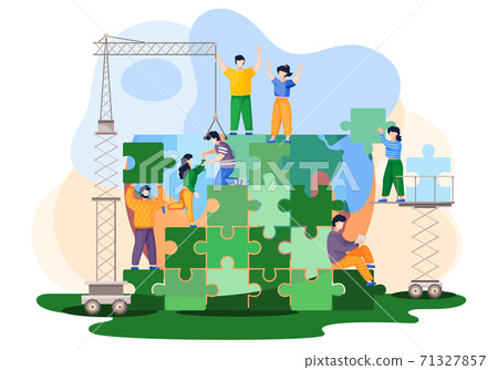 People trying to save world ecology. Characters are building a green planet from blocks of puzzles 71327857