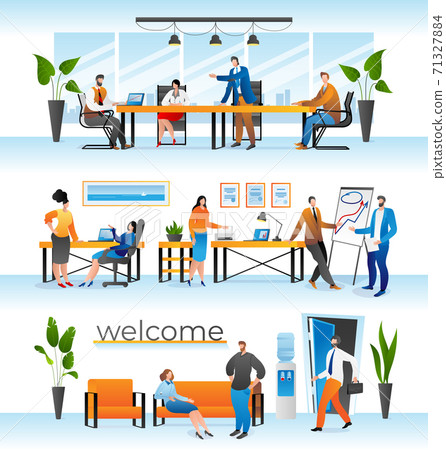 Business team people work in office set, vector illustration. Teamwork job meeting with flat man woman person, corporate workplace. 71327884