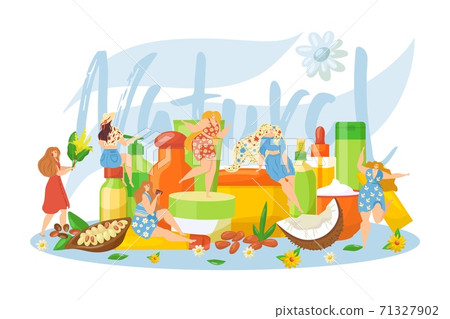 Organic natural cosmetic, vector illustration. Person character care about skin beauty with cosmetology product flat cream. 71327902