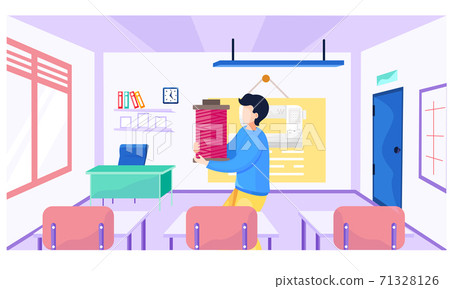 Man carries pink threads in his hands and explains a topic. Materials science lesson. Sewing school 71328126