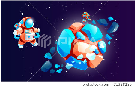 Cartoon astronaut on the planet cosmic vector illustration. Cosmonaut in outer space with meteorite Cartoon astronaut on the planet cosmic vector illustration. Cosmonaut in outer space with meteorite 71328286