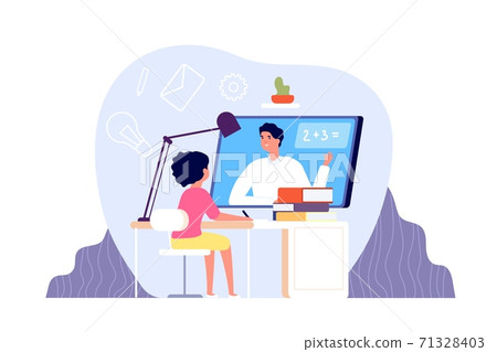 Remote learning. Kid studying on computer, student online home education. Personal distance teacher, virtual school utter vector concept 71328403