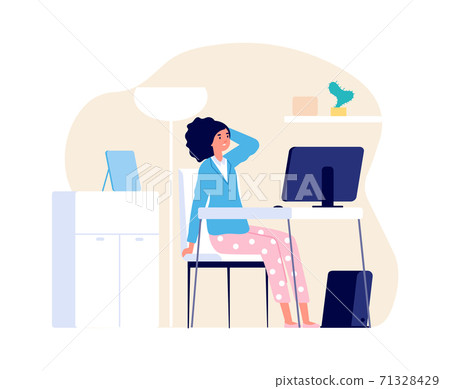 Tired woman. Home office, freelance working with computer. Girl has headache, burnout or deadline time vector concept Tired woman. Home office, freelance working with computer. Girl has headache, burnout or deadline time vector concept 71328429