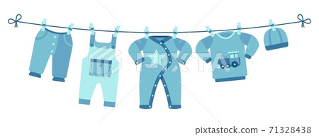 Boy newborn clothes. Cute blue pants, sweater and hat. Apparel for little man drying on clothesline vector illustration Boy newborn clothes. Cute blue pants, sweater and hat. Apparel for little man drying on clothesline vector illustration 71328438