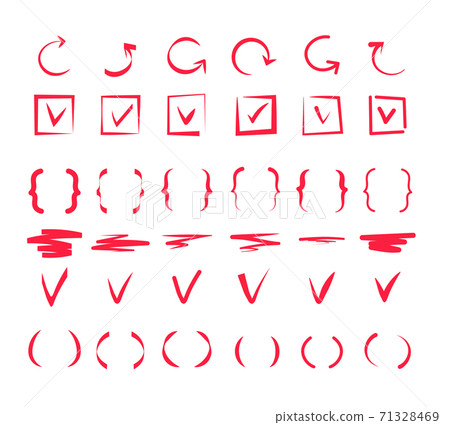 Doodle check marks. Hand drawn lines, red pen tick markings and brackets. Marker drawing scribble positive vote, ok or correct vector signs Doodle check marks. Hand drawn lines, red pen tick markings and brackets. Marker drawing scribble positive vote, ok or correct vector signs 71328469