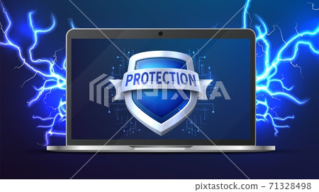 Laptop with protection shield. Data protect, realistic digital device mockup. Personal information security vector concept Laptop with protection shield. Data protect, realistic digital device mockup. Personal information security vector concept 71328498