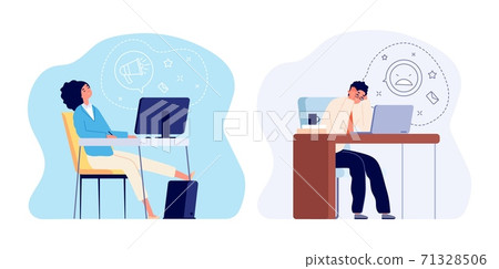 Burnout at work. Tired woman, stress man worker at office. Flat overwhelmed characters, sleep female and sick workaholic male Burnout at work. Tired woman, stress man worker at office. Flat overwhelmed characters, sleep female and sick workaholic male 71328506