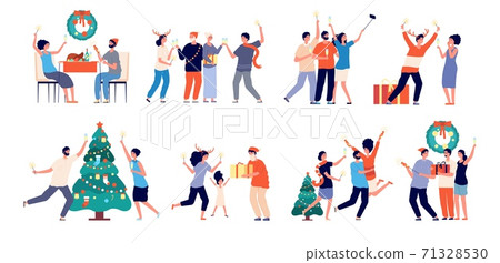 Family christmas time. Couple celebrate holiday, people decorating home. Adults kids meeting santa, winter celebration vector illustration Family christmas time. Couple celebrate holiday, people decorating home. Adults kids meeting santa, winter celebration vector illustration 71328530