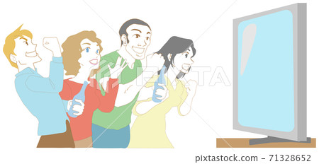 Multinational young people enjoying watching sports on a large TV 71328652
