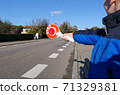 A little boy holds a stop sign at a pedestrian crossing 71329381