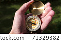 Person in forest using a compass to find direction 71329382