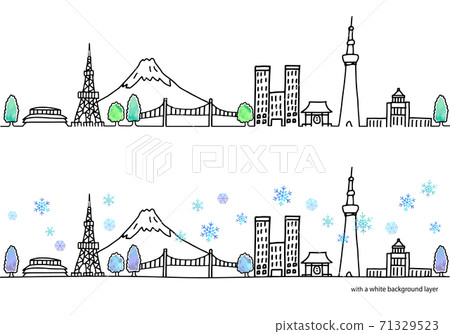 Winter Tokyo cityscape horizontal illustration set 71329523