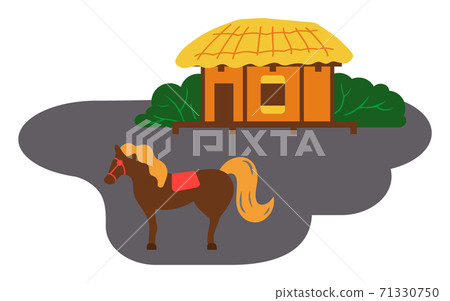 Asian village old house vector art and illustration. Thatched-roof rural house near the horse Asian village old house vector art and illustration. Thatched-roof rural house near the horse 71330750