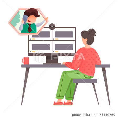 Woman worker talking through videocall sitting at table, video conference at computer using webcam Woman worker talking through videocall sitting at table, video conference at computer using webcam 71330769