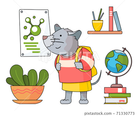 Cute mouse student with backpack near plant in pot, poster, book shelf, globe, stack of books 71330773
