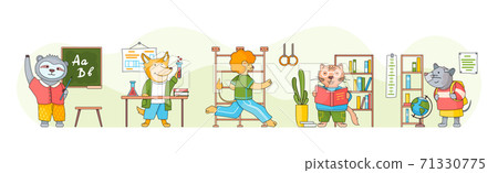Collection of kid s illustrations with cute cartoon animals studying at college, students at lessons 71330775