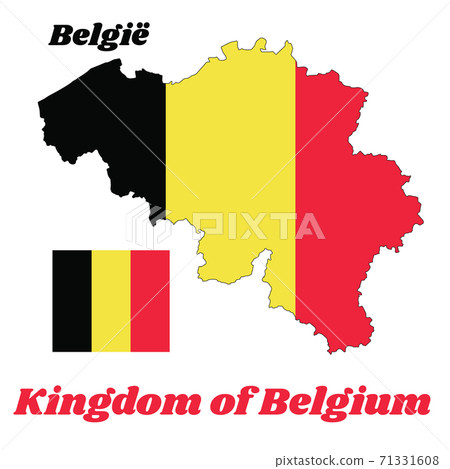 Map outline and flag of Belgium, with name text kingdom of Belgium. 71331608