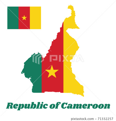 Map outline and flag of Cameroon, with name text Republic of Cameroon. 71332257