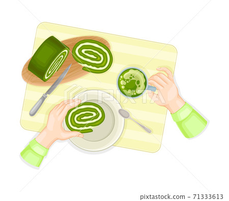 Human Hands Eating Green Sweet Roulade as Matcha Dessert Vector Illustration Human Hands Eating Green Sweet Roulade as Matcha Dessert Vector Illustration 71333613