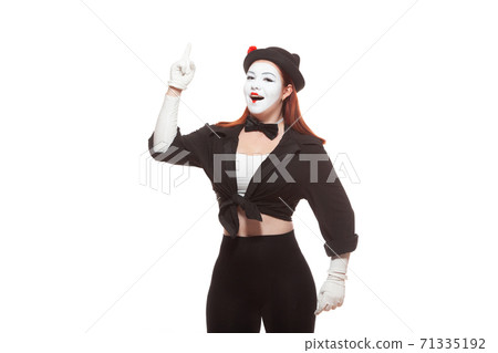 Portrait of a female mime artist performing, isolated on white background. Symbol of an idea, insight, Eureka 71335192