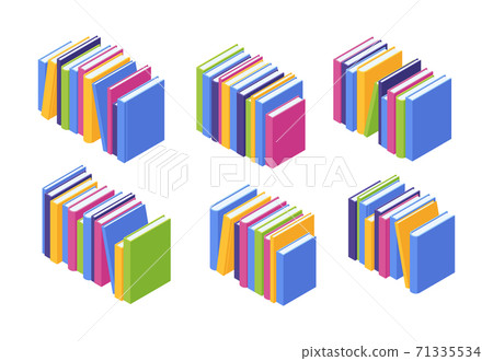 Book pile isometric. Vector illustration set of stacks of standing colorful paper textbooks with hard cover. Book pile isometric. Vector illustration set of stacks of standing colorful paper textbooks with hard cover. 71335534