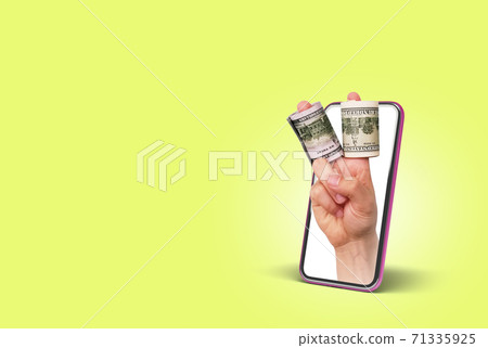 income concept mobile banking lottery or trade Easy Money hand shows victory sign with dollar bills in convolutions through phone screen 3d render on yellow gradient 71335925