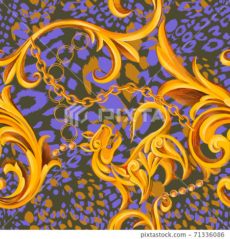 Leopard texture mixed with Baroque frame ornament. Seamless pattern. Leopard texture mixed with Baroque frame ornament. Seamless pattern. 71336086
