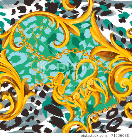 Leopard texture mixed with Baroque frame ornament. Seamless pattern. 71336088