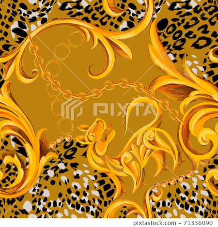 Leopard texture mixed with Baroque frame ornament. Seamless pattern. Leopard texture mixed with Baroque frame ornament. Seamless pattern. 71336090
