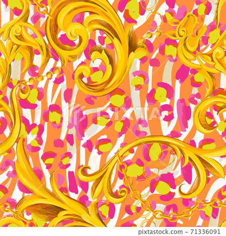 Leopard texture mixed with Baroque frame ornament. Seamless pattern. Leopard texture mixed with Baroque frame ornament. Seamless pattern. 71336091