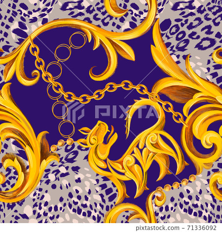 Leopard texture mixed with Baroque frame ornament. Seamless pattern. Leopard texture mixed with Baroque frame ornament. Seamless pattern. 71336092