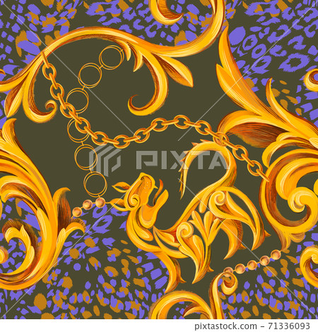 Leopard texture mixed with Baroque frame ornament. Seamless pattern. Leopard texture mixed with Baroque frame ornament. Seamless pattern. 71336093