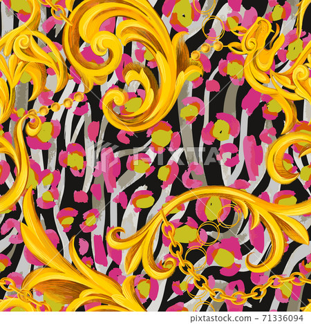 Leopard texture mixed with Baroque frame ornament. Seamless pattern. Leopard texture mixed with Baroque frame ornament. Seamless pattern. 71336094