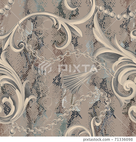 Snake skin animal texture mixed with Baroque ornament. Seamless pattern. 71336098