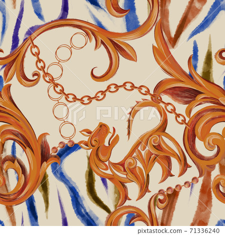 Zebra skin texture mixed with Baroque frame. Seamless pattern. 71336240