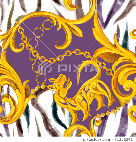 Zebra skin texture mixed with Baroque frame. Seamless pattern. 71336241