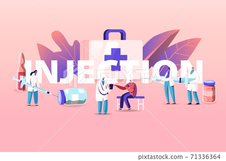 Health Care Vaccination Concept. Tiny Doctor Characters Prepare Huge Syringe for Patient Injection. People Applying Drug 71336364