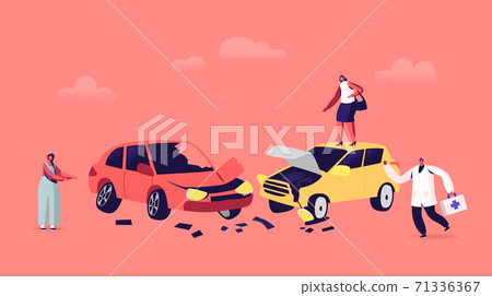 Car Accident on Road, Drivers Female Characters Arguing Standing on Roadside at Crashed Automobiles and Doctor Hurry 71336367