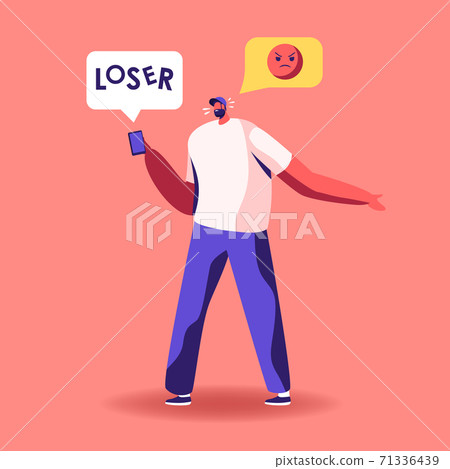 Angry Aggressive Male Character Send Offensive Messages Online. Social Network Harassment, Criticism or Bullying 71336439