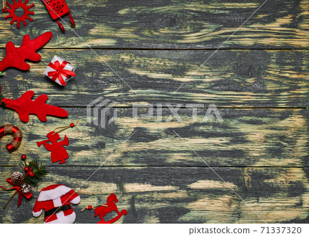 Christmas decorations on wooden table with space for text. 71337320