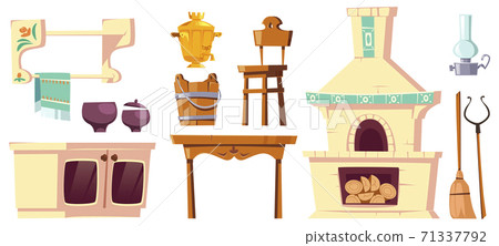 Old furniture of rural russian kitchen with oven Old furniture of rural russian kitchen with oven 71337792
