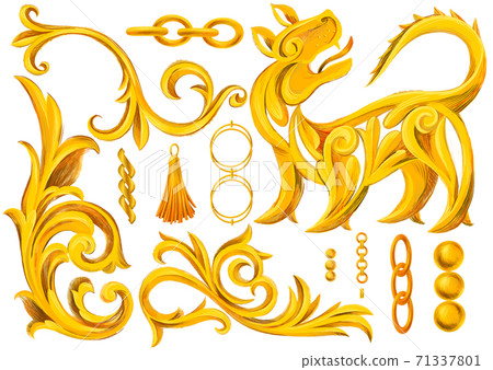 Set of isolated objects, golden elements in baroque, rococo style Set of isolated objects, golden elements in baroque, rococo style 71337801