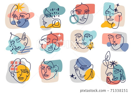 Abstract contour female faces. Modern one line women portraits sketches collection, contemporary collage background colorful spots, trendy doodle minimalist faces. Vector isolated set 71338151