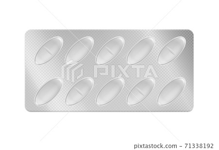 Blister packs. Realistic medical pills package, tablet individually packed, capsule in plastic container front view, antibiotic or painkiller pharmacy drugs packaging vector template 71338192
