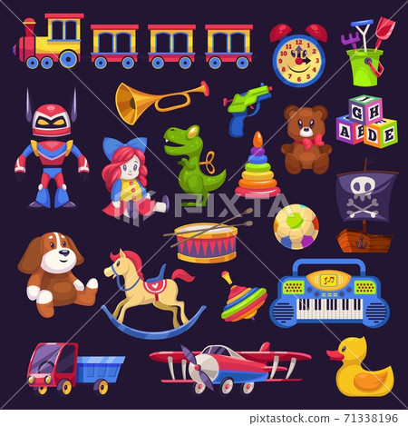 Baby toys. Kid game bear and car, pyramid and train, plane and lorry. Plush, wooden or plastic colorful toy collection kindergarten and home games flat cartoon isolated illustration 71338196