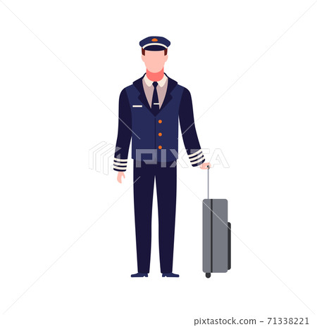 Pilot. Young capitan airplane. Male aircraft staff in dark blue uniform and hat with luggage, commercial journey aviator, aviation profession flat vector cartoon isolated character Pilot. Young capitan airplane. Male aircraft staff in dark blue uniform and hat with luggage, commercial journey aviator, aviation profession flat vector cartoon isolated character 71338221