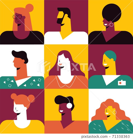 Square abstract human faces. Characters avatars smiling joyful young people stylish graphic hairstyles. 71338363